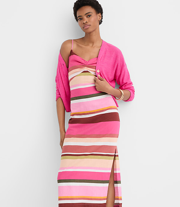 Striped Linen Cotton Strappy Midi Dress