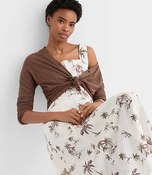 Petite Palm Linen Cotton Seamed Midi Pocket Dress