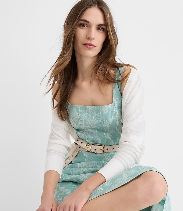 Petite Floral Toile Linen Cotton Seamed Midi Pocket Dress