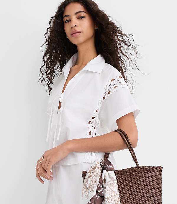 Petite Lace Eyelet Bow Poplin Shirt