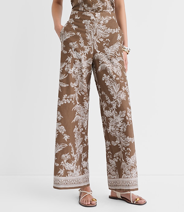 Floral Pull On Wide Leg Pants in Linen Cotton