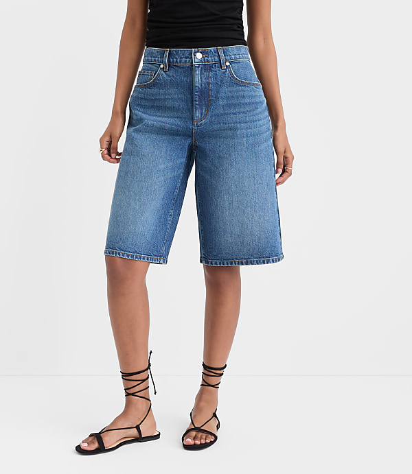 Rivete High Rise Denim Bermuda Shorts in Dark Wash