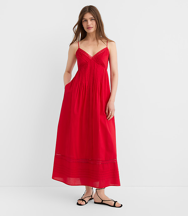 Petite Strappy Lace Trim Pintucked Midi Pocket Dress