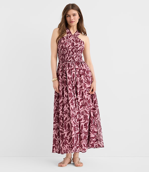 Petite Hibiscus Smocked Maxi Halter Dress
