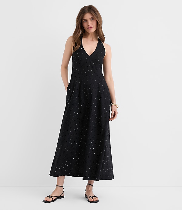 Petite Dotted Linen Cotton Midi Pocket Halter Dress