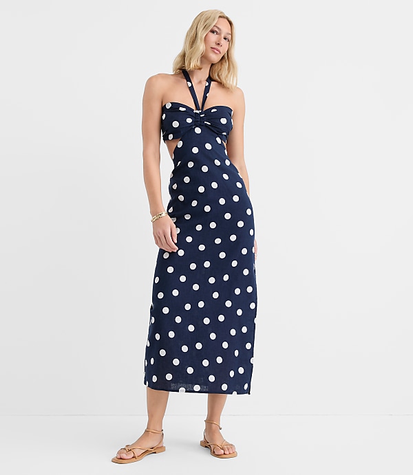 LOFT Beach Polka Dot Linen Cotton Cutout Halter Maxi Dress