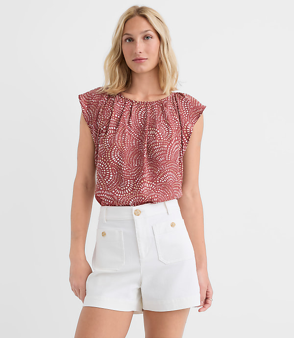 Petite Swirl Flutter Sleeve Mixed Media Blouse