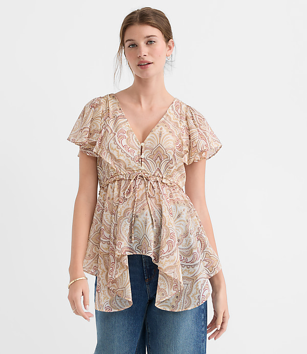 Tiled Flutter Tie Waist Blouse