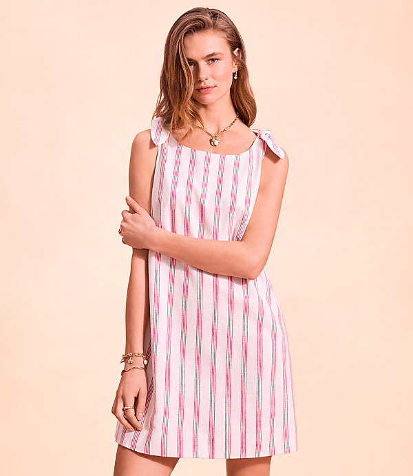 Striped Linen Cotton Tie Boatneck Mini Dress