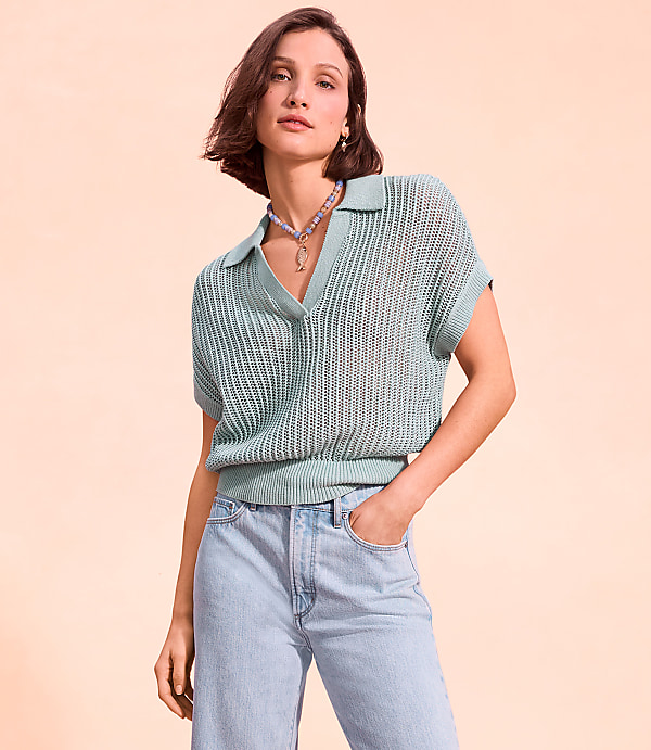 Petite Collared Mesh Stitch Wedge Sweater