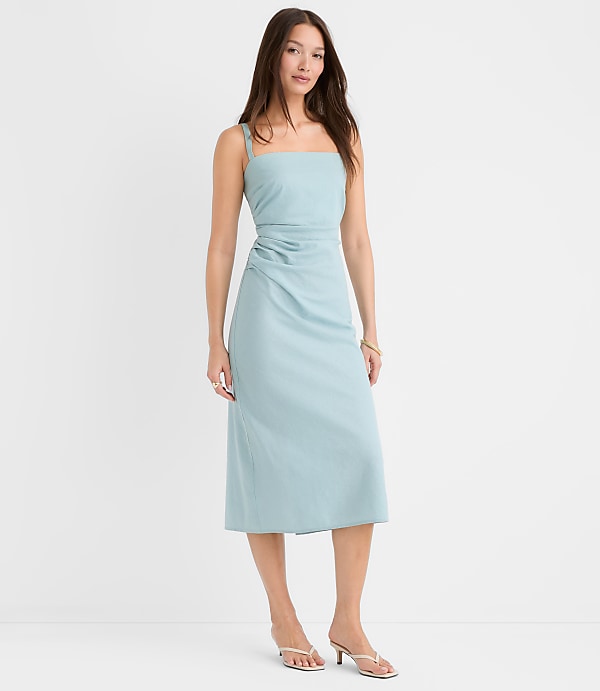 Petite Linen Cotton Ruched Strappy Midi Dress