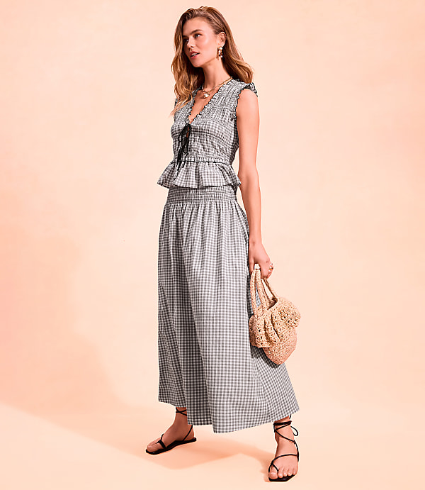 Plaid Smocked Midi Skirt