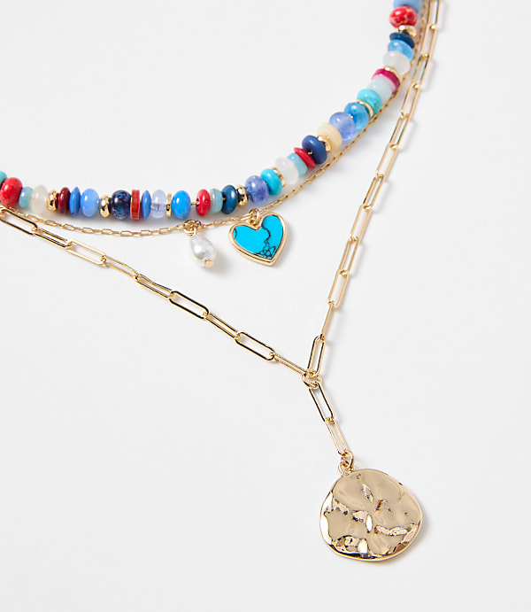Pearlized Heart Coin Layered Necklace Set