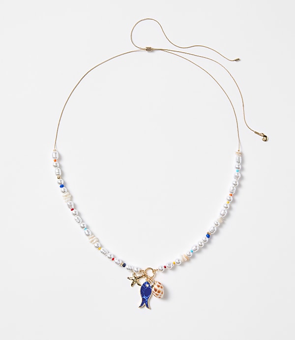 Pearlized Fish & Seashell Pull Tie Necklace