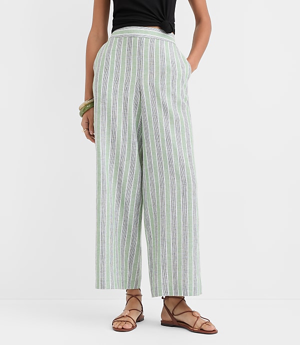 Petite Pull On Wide Leg Pants in Striped Linen Cotton