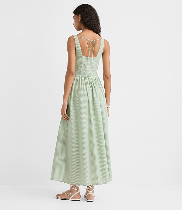 Petite Stripe Shirred Square Neck Midi Pocket Dress