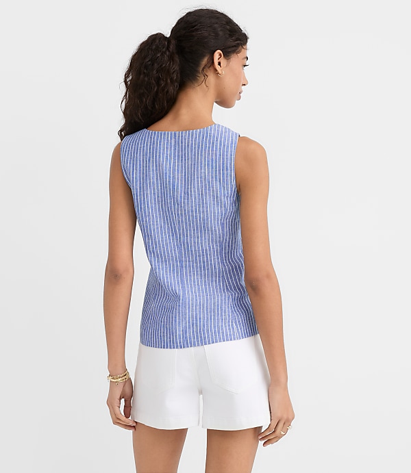 Petite Striped Linen Cotton Cutaway Pocket Vest