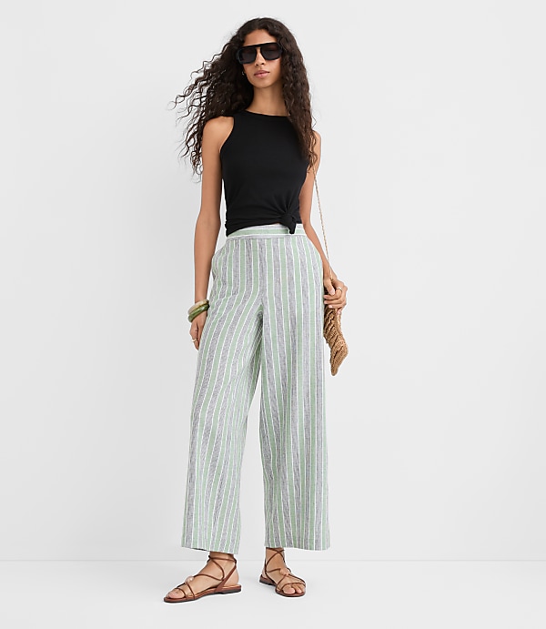 Petite Pull On Wide Leg Pants in Striped Linen Cotton