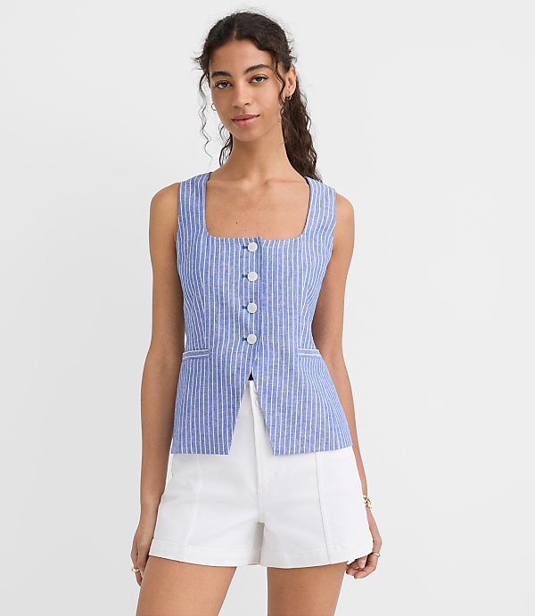 Striped Linen Cotton Cutaway Pocket Vest