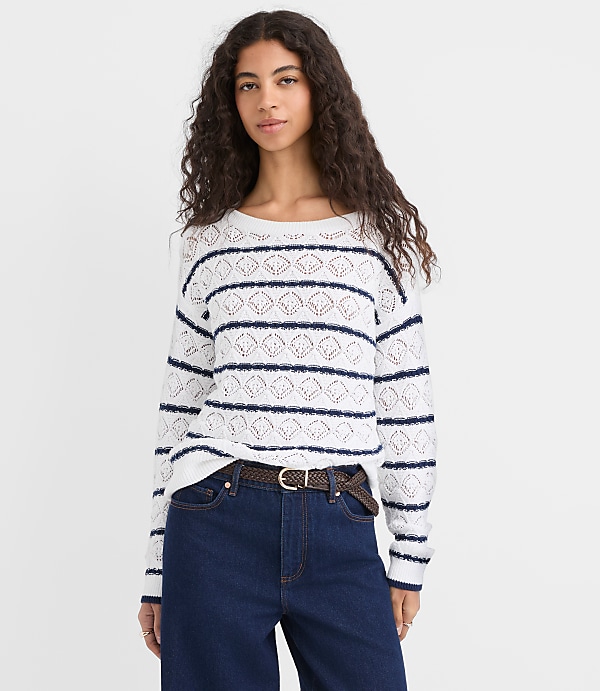 Striped Pointelle Boatneck Sweater