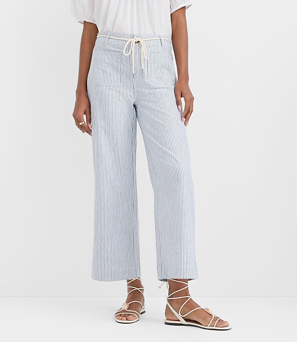 Petite Belted Palmer Wide Leg Crop Pants in Striped Twill