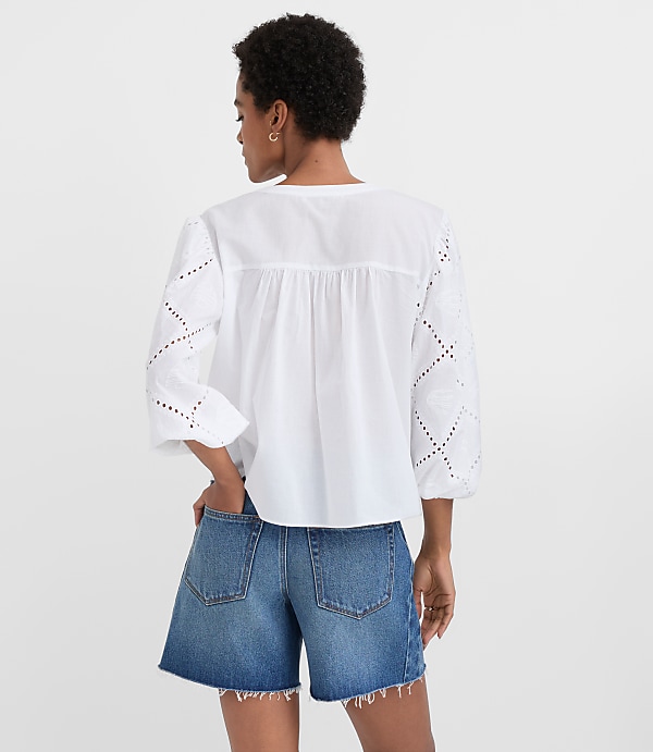 Petite Sea Life Eyelet Balloon Sleeve Shirt