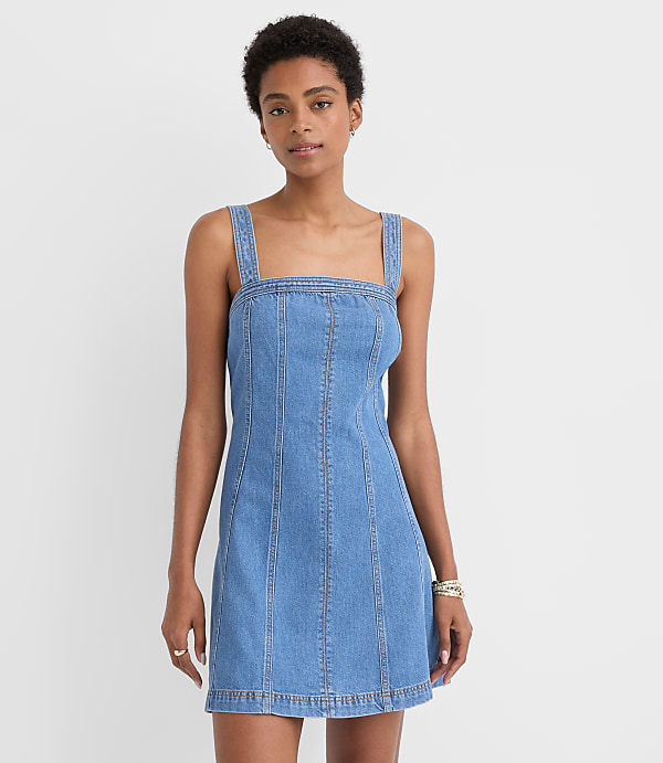 Seamed Denim Mini Dress in Medium Blue