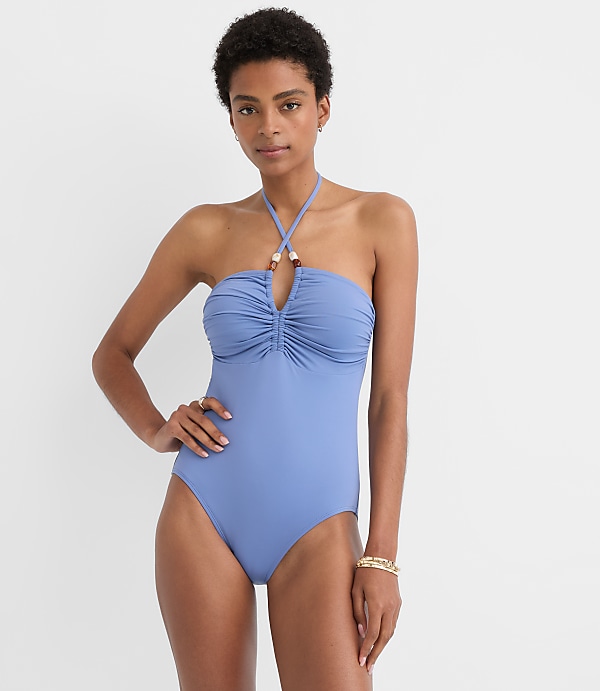 LOFT Beach Beaded Ruched Halter One Piece Swimsuit