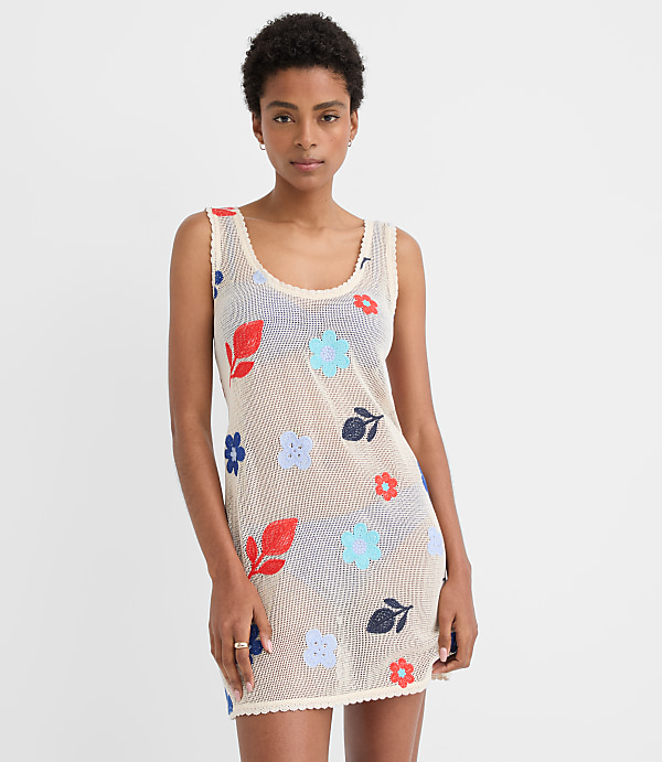 LOFT Beach Floral Crochet Mini Swimsuit Coverup Dress