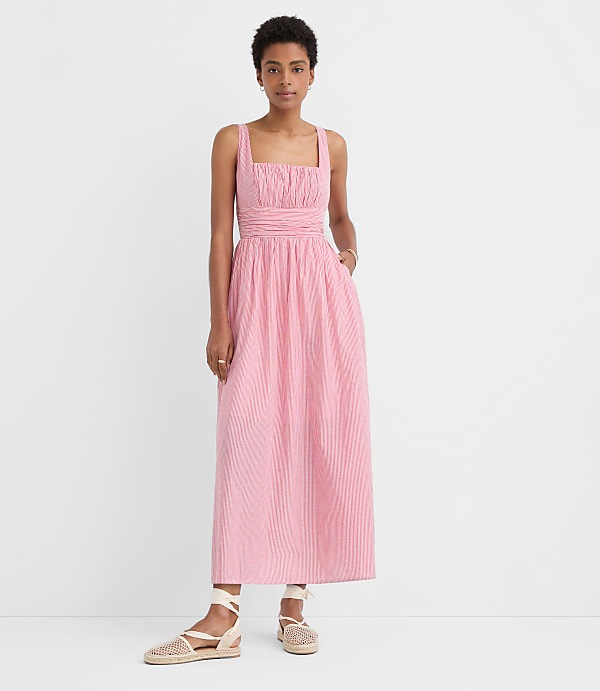 Stripe Shirred Square Neck Midi Pocket Dress
