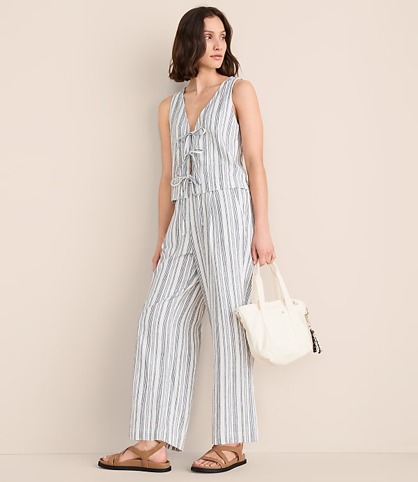 Petite Lou & Grey Striped Linen Cotton Wide Leg Crop Pants