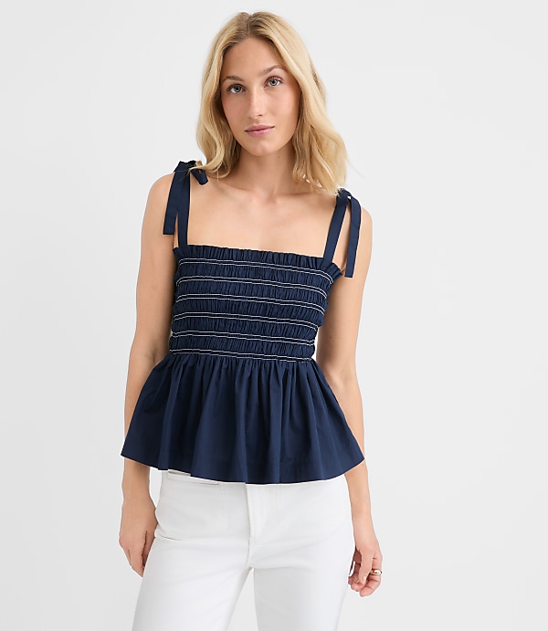Petite Topstitched Poplin Tie Strap Smocked Peplum Cami