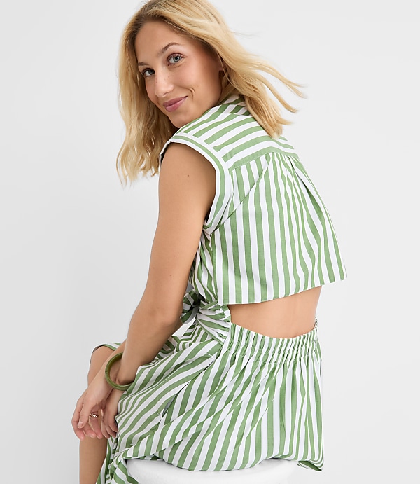 Petite Striped Poplin Cutout Back Midi Pocket Dress