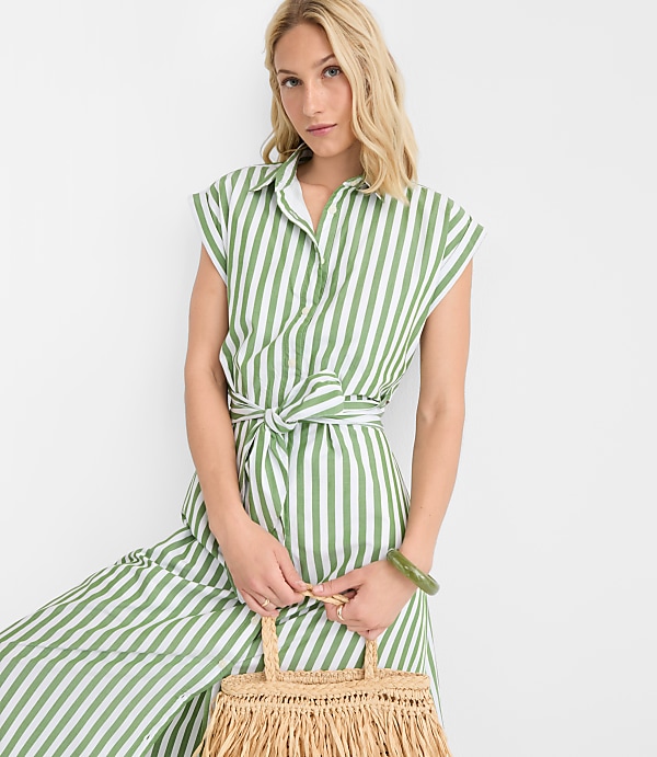 Tall Striped Poplin Cutout Back Midi Pocket Dress