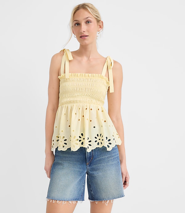 Floral Eyelet Tie Strap Smocked Peplum Cami