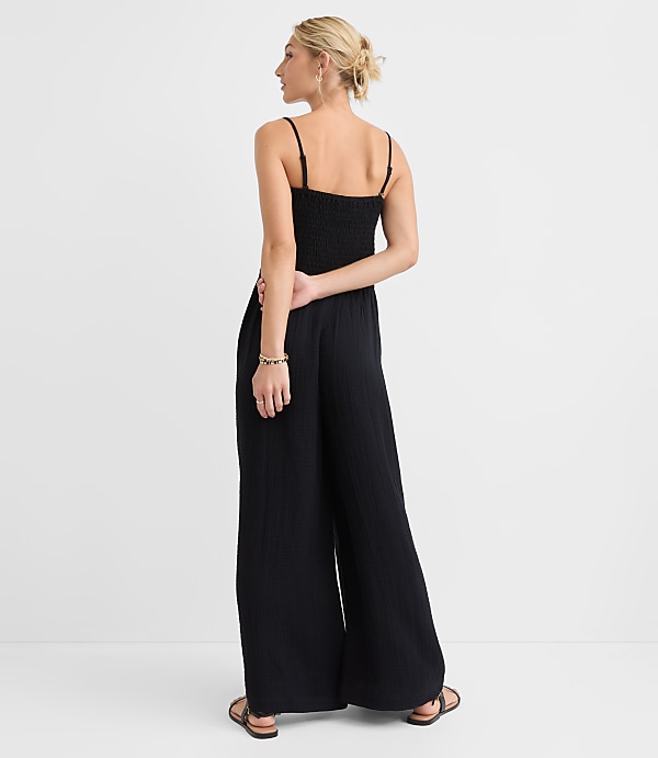 LOFT Beach Triple Cloth Smocked Mixed Media Jumpsuit