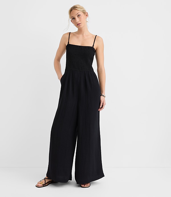 LOFT Beach Triple Cloth Smocked Mixed Media Jumpsuit