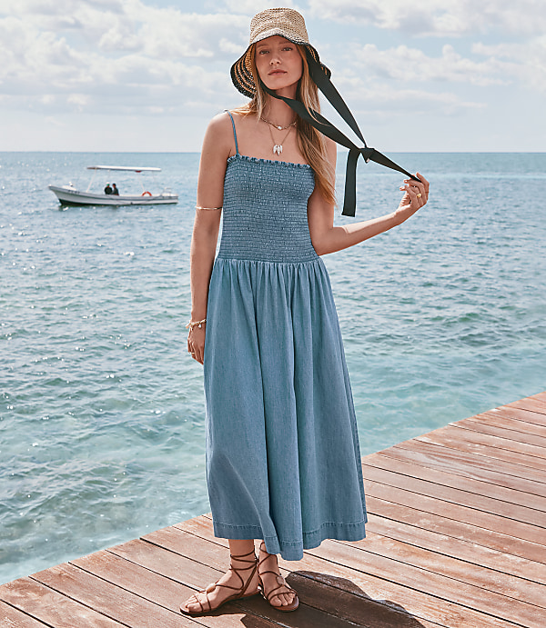 Chambray Smocked Strappy Midi Pocket Dress