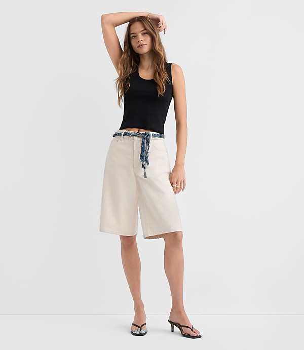 Rivete Petite High Rise Denim Bermuda Shorts in Ivory