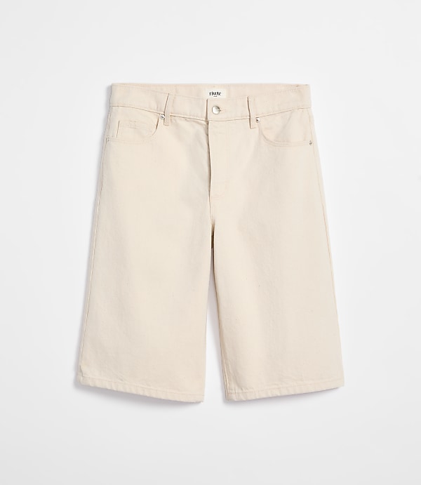 Rivete High Rise Denim Bermuda Shorts in Ivory