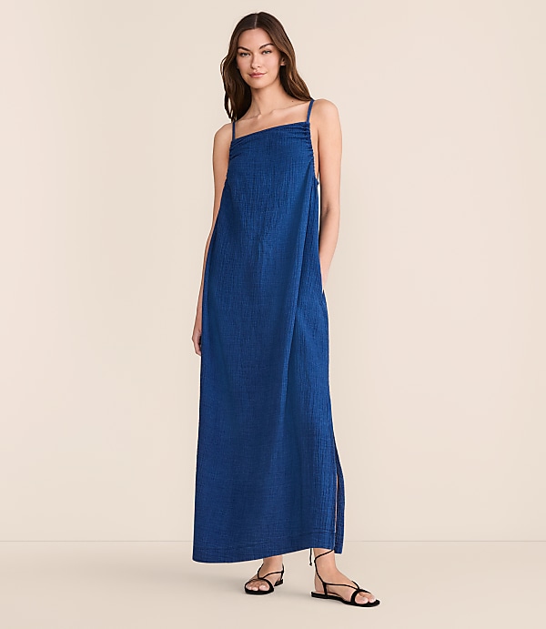 Lou & Grey Denim Washed Double Cloth Strappy Midi Pocket Dress
