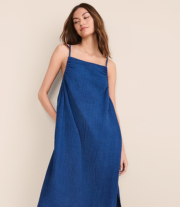 Lou & Grey Denim Washed Double Cloth Strappy Midi Pocket Dress