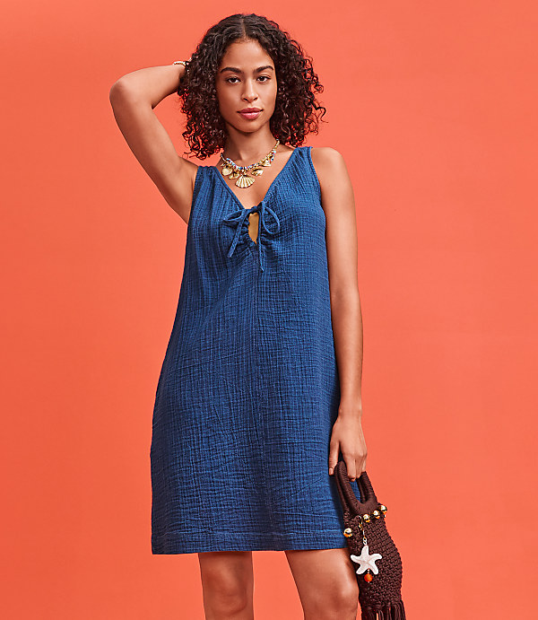 Lou & Grey Denim Washed Double Cloth Tie Keyhole Mini Pocket Dress