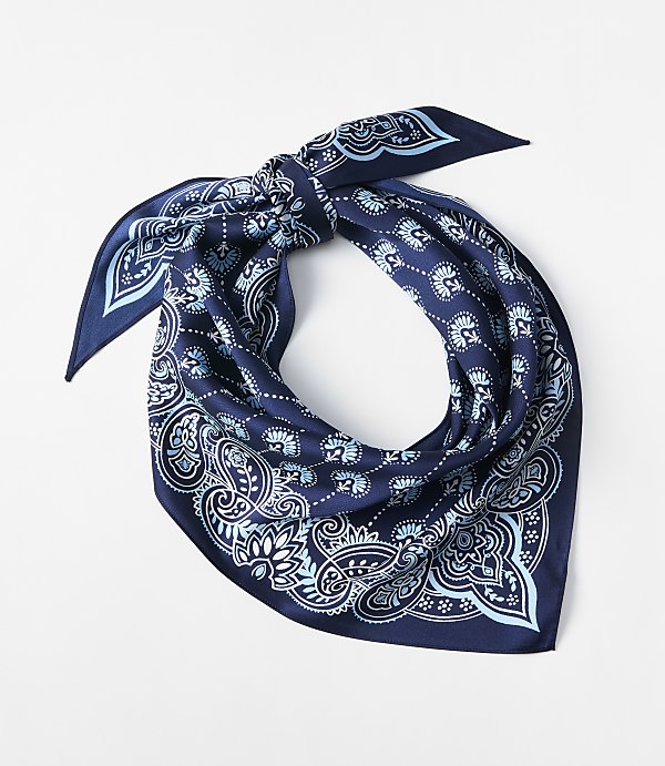 A dark blue bandana with a light blue paisley pattern is tied in a knot against a plain white background.