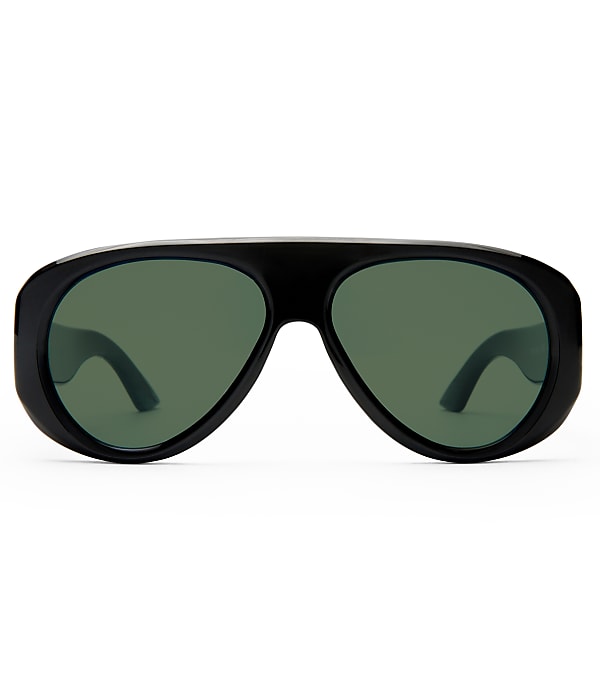 A pair of black aviator sunglasses with green lenses is centered against a plain white background.