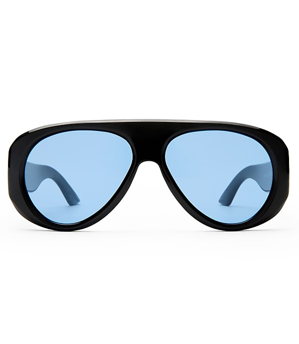 Black aviator sunglasses with light blue lenses are centered against a plain white background.