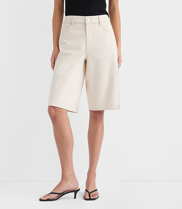 Rivete High Rise Denim Bermuda Shorts in Ivory