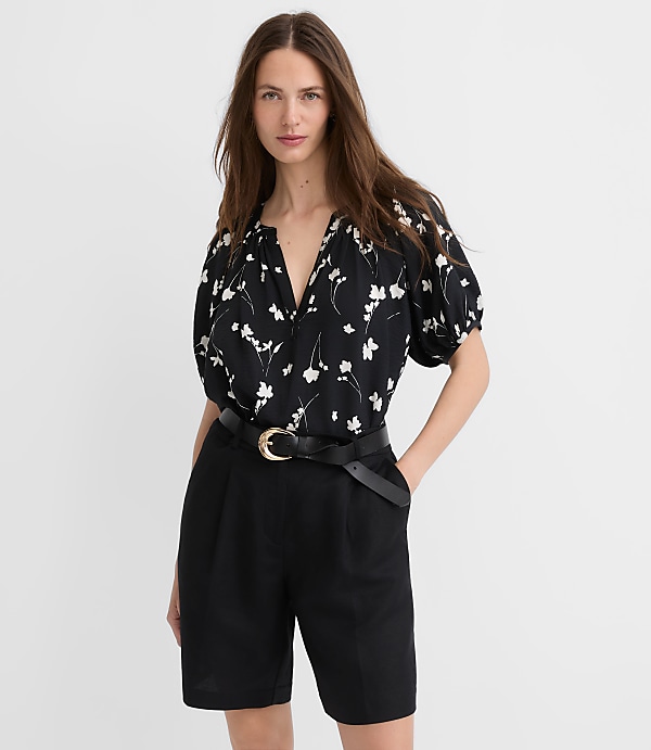 Petite Floral Puff Sleeve Split Neck Top