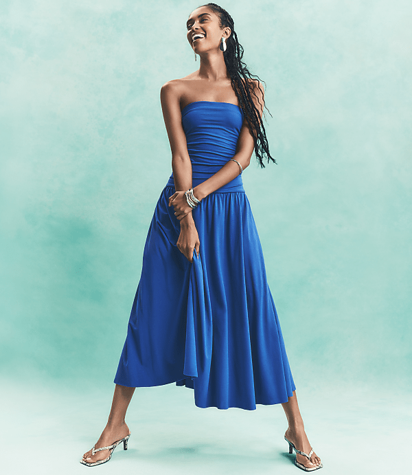 Petite Ruched Strapless Midi Dress