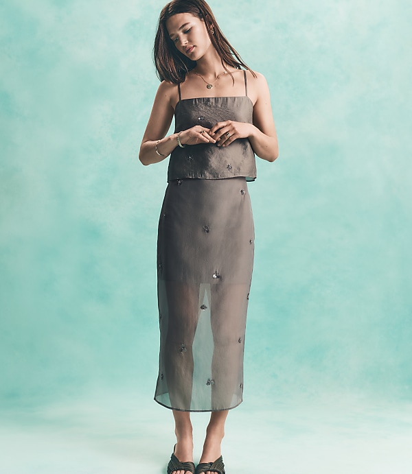 Petite Beaded Sequin Cluster Midi Skirt